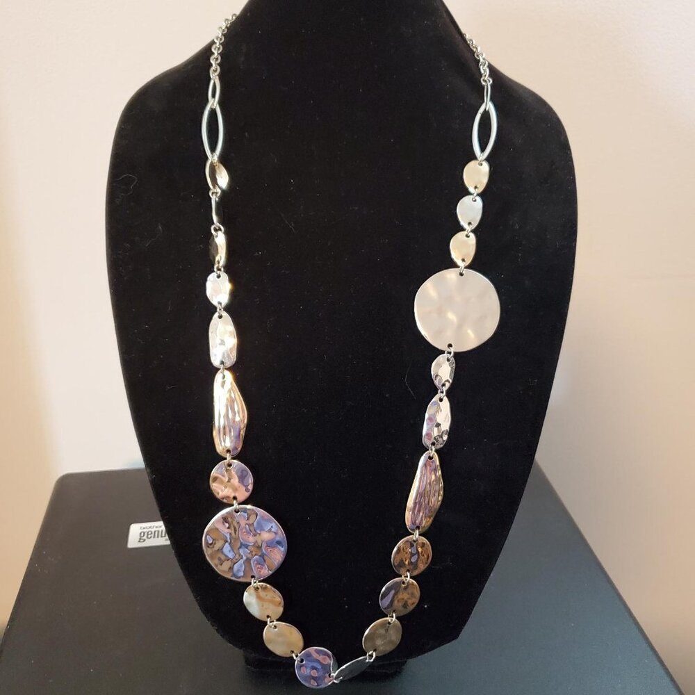 Natasha Necklace Gold Silver Tone Hammered Asymmetrical Shapes Long Signed 38"